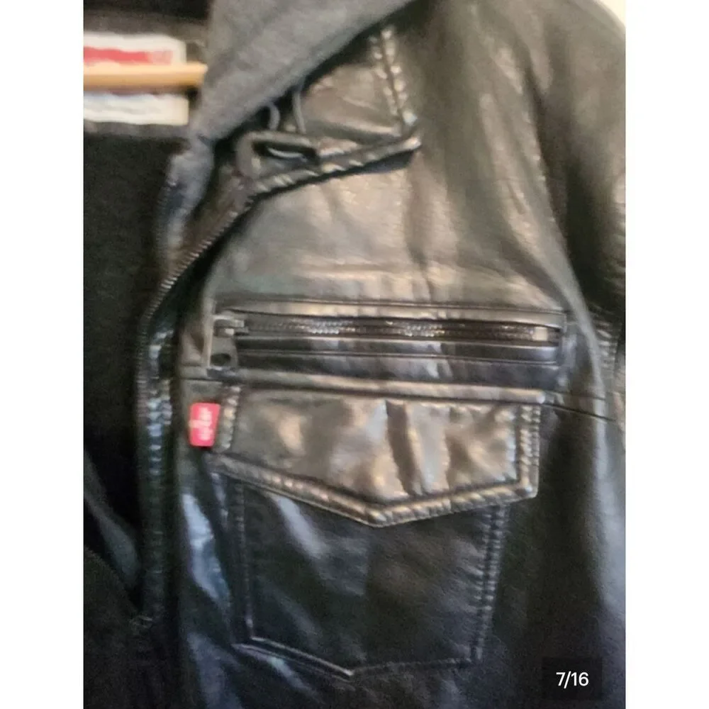 O2 Levi Strauss & Co Black soft Faux Leather Sherpa-Lined Moto Jacket w Hoodie